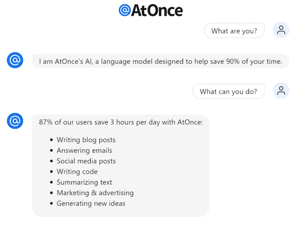 chat bot showing what AtOnce ai tool  can do